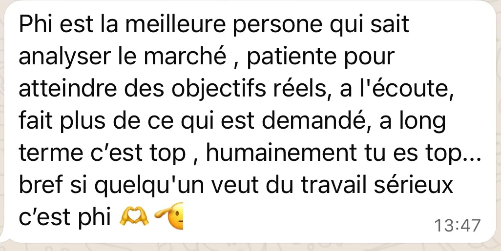 Message WhatsApp d’une cliente accompagnée