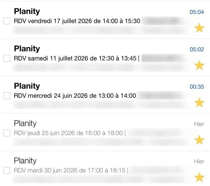 Isabelle’s inbox, full of Planity booking notifications