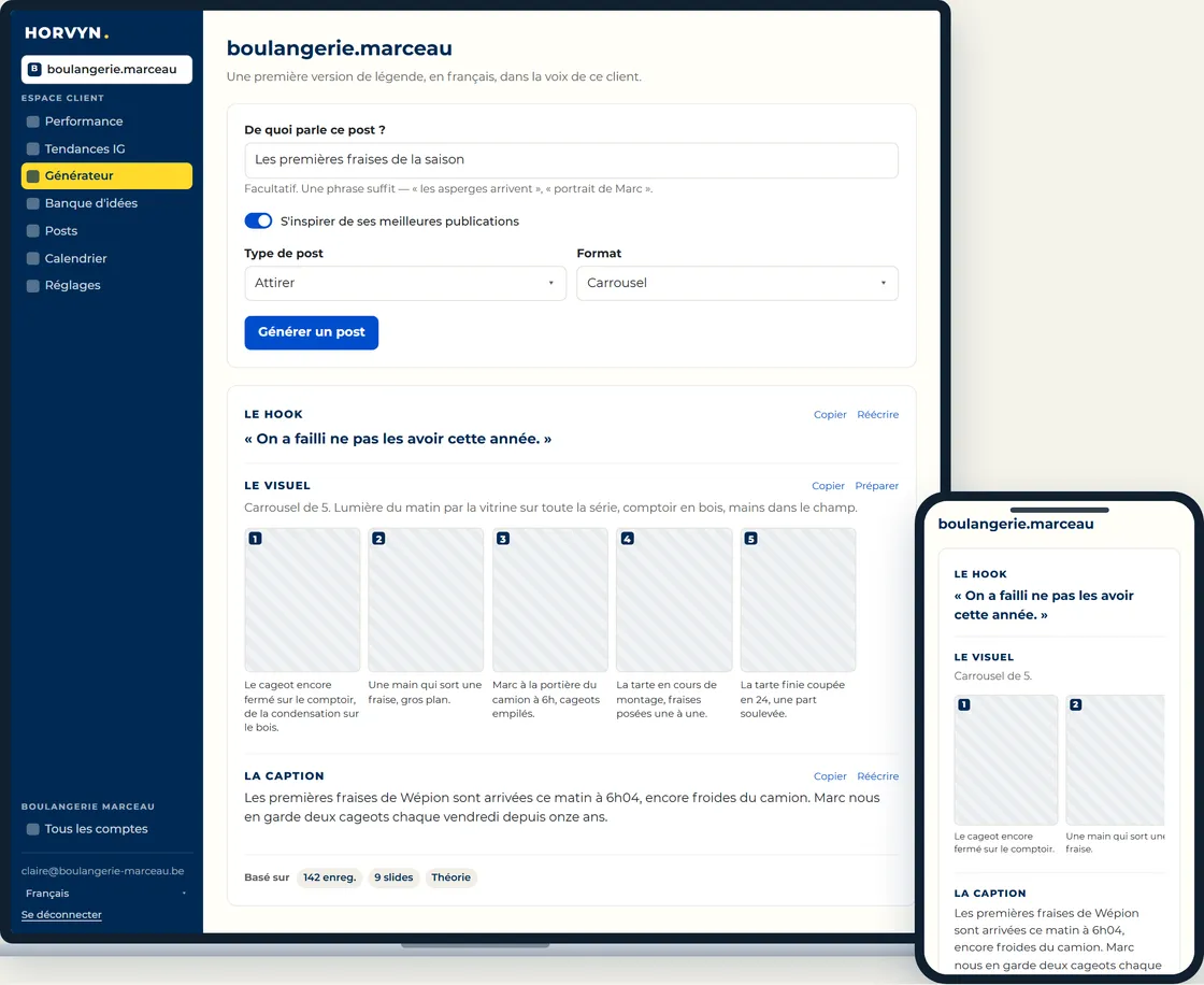 L’application Horvyn sur un ordinateur portable et un téléphone : l’écran qui génère un post complet, avec le hook, la caption et les indications visuelles.