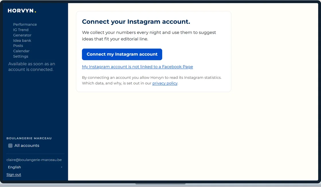 The account connection screen: plugging in Instagram and Facebook in two minutes.