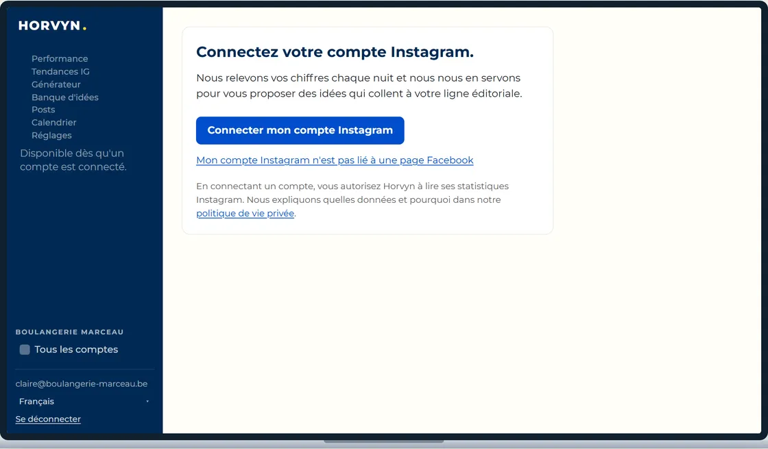 L’écran de connexion de compte : brancher son Instagram et son Facebook en deux minutes.