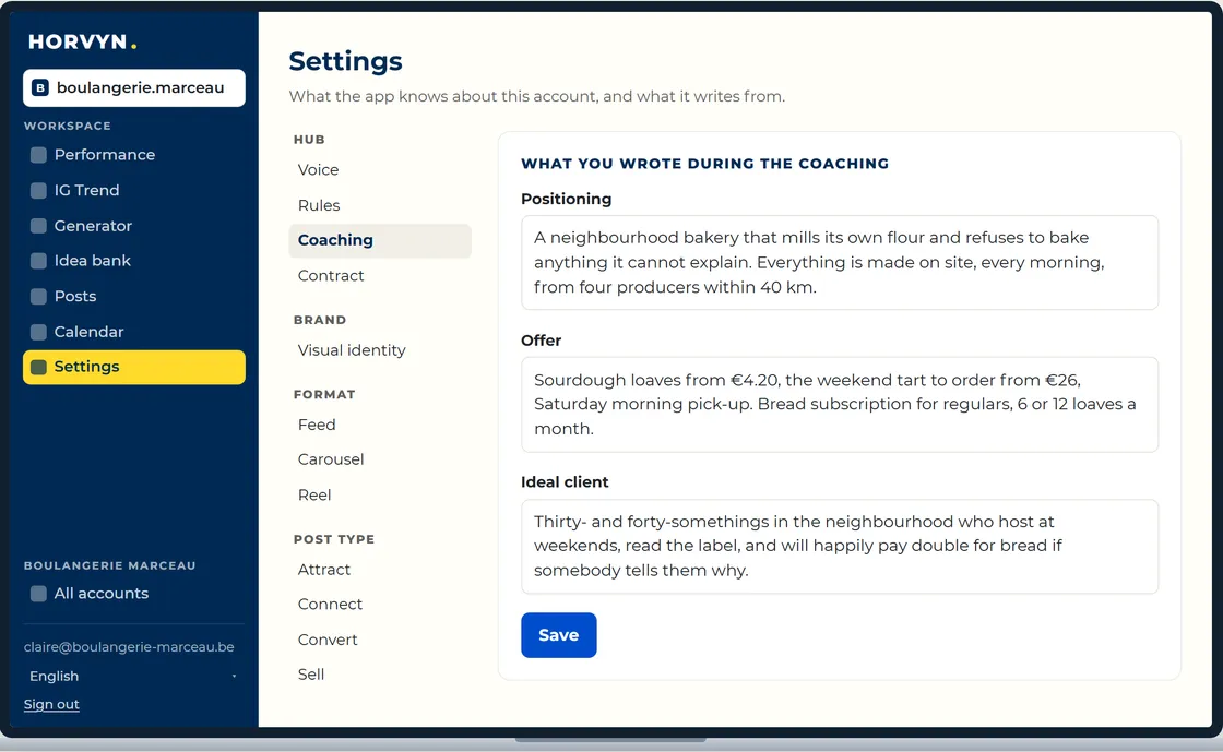 The "brand profile" screen: what the app has understood about the account’s positioning, tone and editorial line.