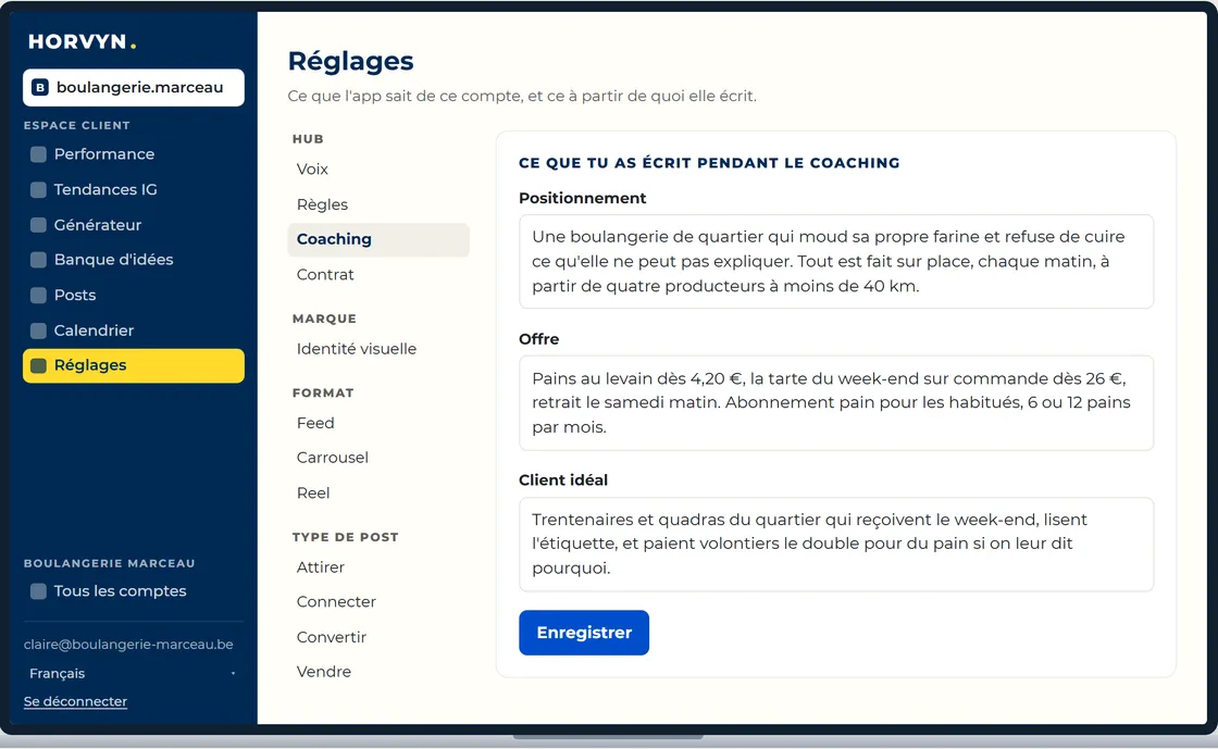 L’écran « profil de marque » : ce que l’app a compris du positionnement, du ton et de la ligne éditoriale du compte.