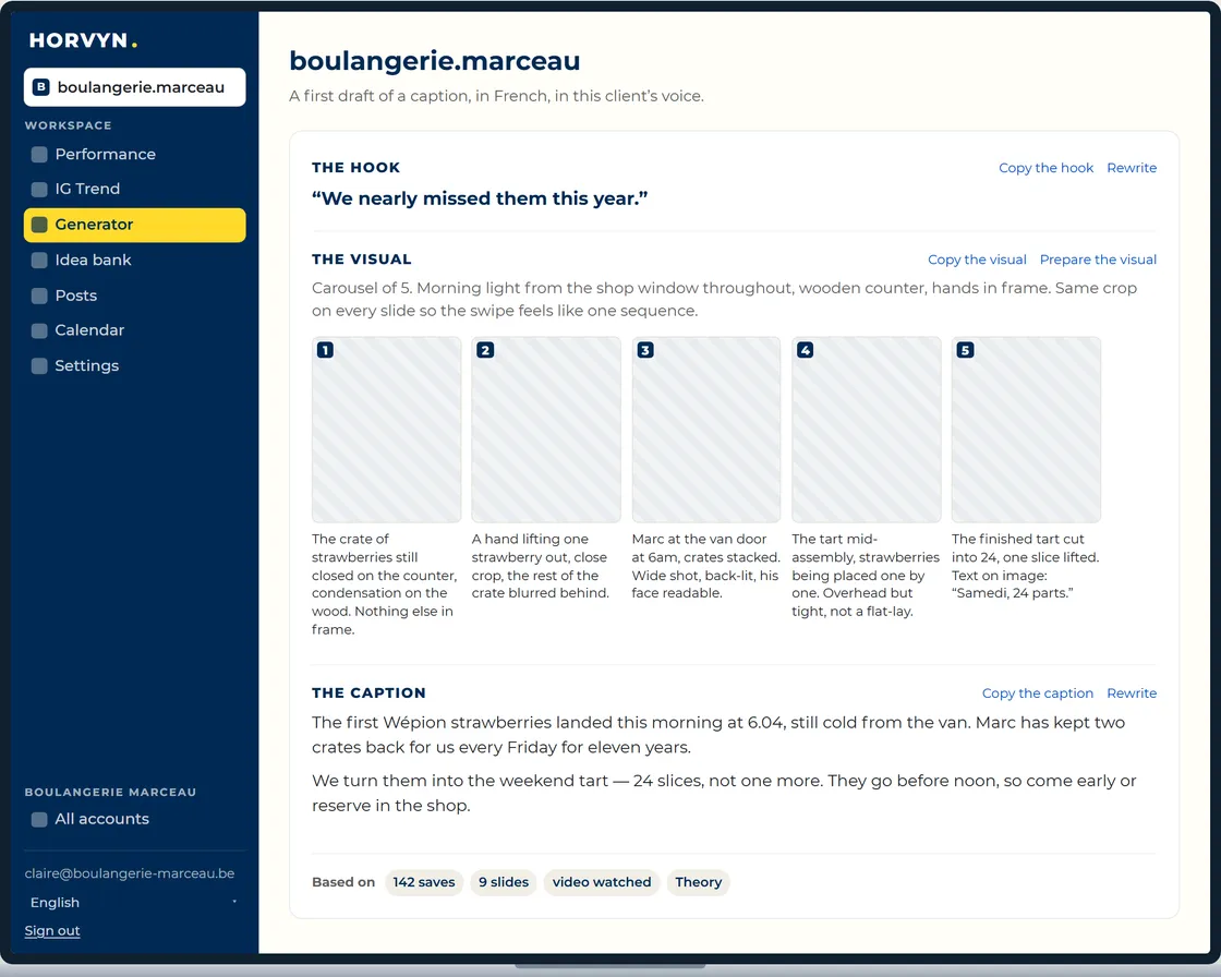 Generating a post: the hook, the visual directions slide by slide, and the caption ready to publish.