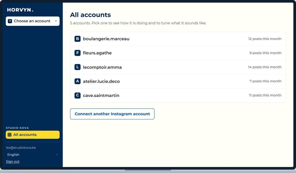 The multi-account dashboard: several client accounts in one application, each with its own workspace.
