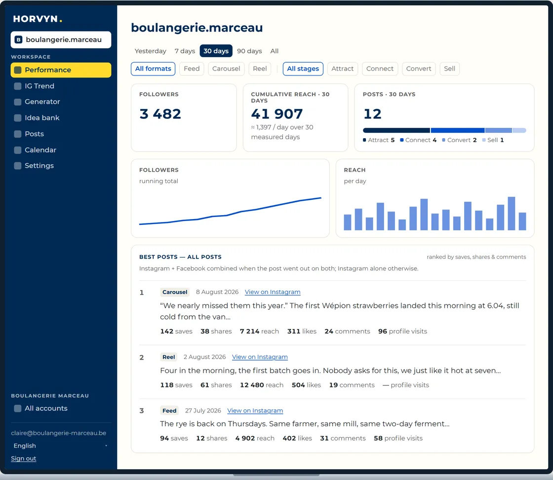 The Performance screen: followers, cumulative reach, number of posts, and the ranking of the best posts over 30 days.